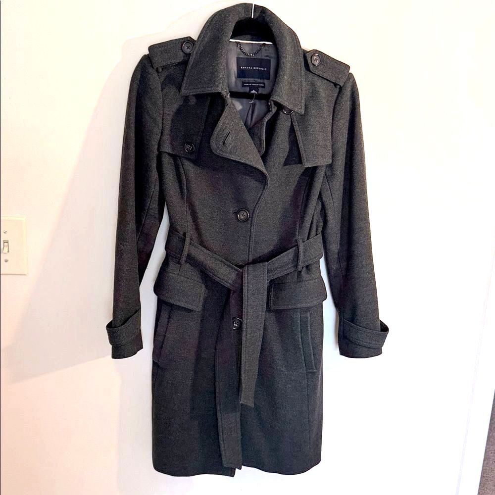 Banana Republic Women Coat Charcoal Grey Green Small Wool Belted Italian Fabric